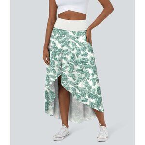 Halara High Waisted High Low Ruffle 2-In-1 Floral Print Flowy Maxi Skirt XL Gree